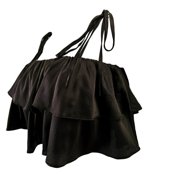 Camellia Black Layered Flounce Crop Top Womens L Tie Spaghetti Straps Polyester - Picture 2 of 9